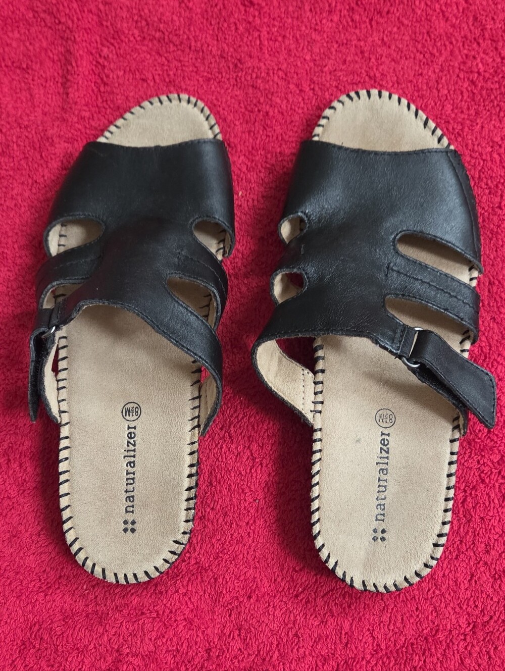 Naturalizer Black Leather Slip-On Sandals with Buckle Detail